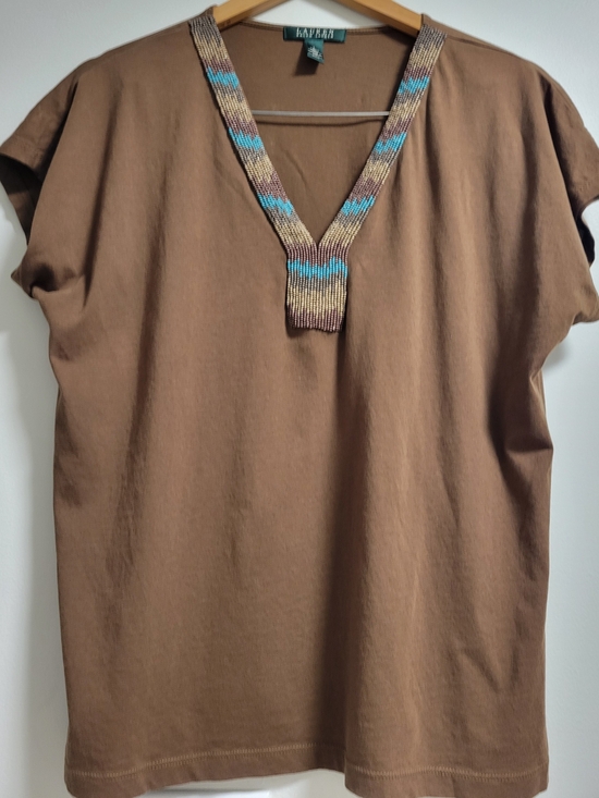 Ralph Lauren Tops - Lauren Ralph Lauren Brown Beaded V-Neck Short Sleeve Casual Boho Top Size L